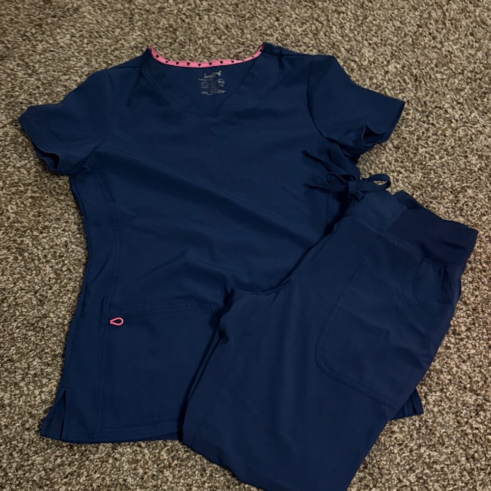 HeartSoul Navy Blue Scrub Set with Pink Accents